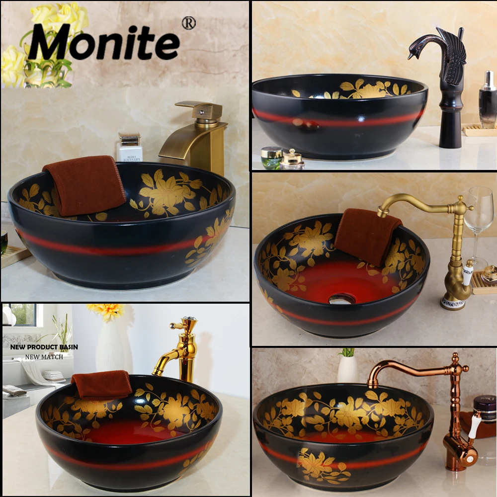 

Monite Ceramic Wash Basin Vessel Sink With Antique Brass Bathroom Faucet Leaf Pattern Counter Top Wash Basin Bathroom Sinks