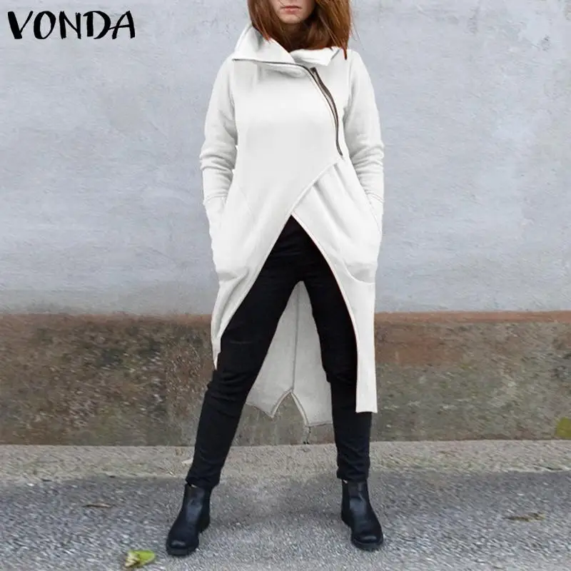 

VONDA Hoody Dress Autumn Winter Coats Women Asymmetric Jackets Zippers Sweatshirt 2019 Casual Loose Irregular Long Coat S-5XL