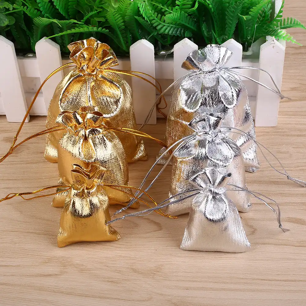 gold silver drawstring wedding favour bags jewellery pouches for