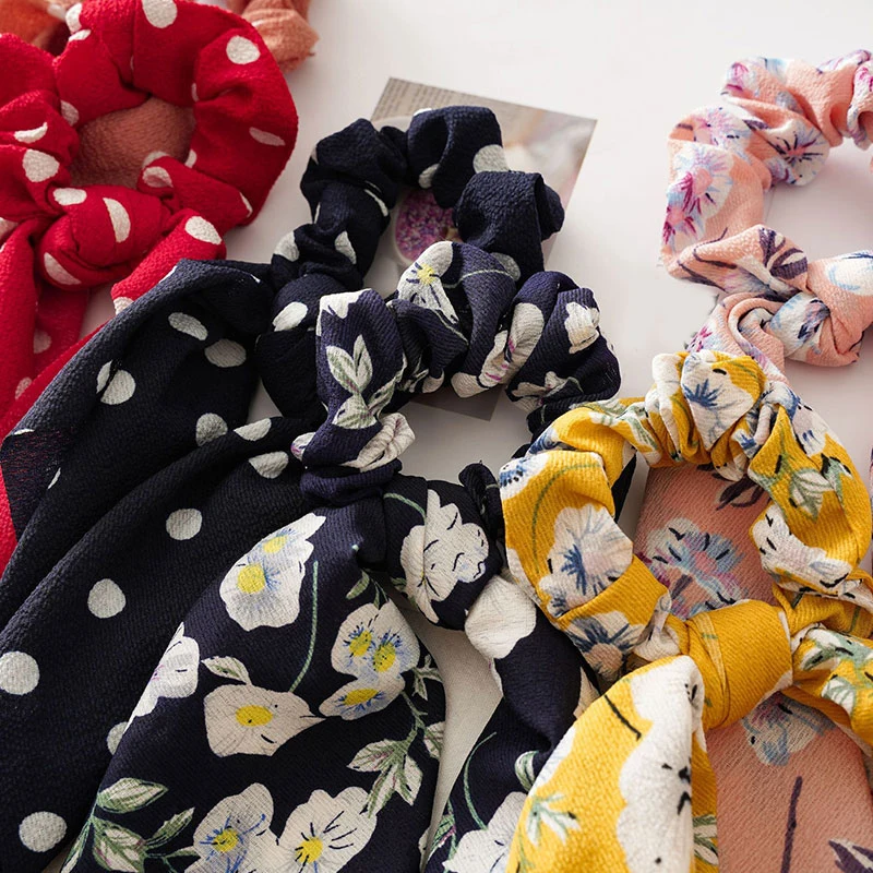 Women Streamers Scrunchies Polka Dot Floral Print Elastic Bow Hair Rope Girl Hair Ties Korean Sweet Hair Accessories Headwear