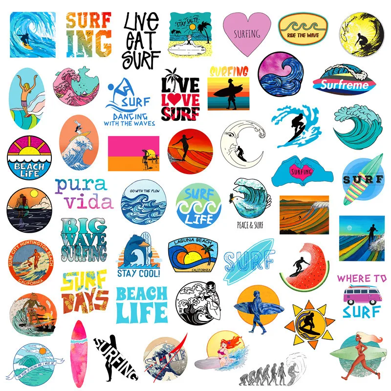 Фото 50 pcs / Pack Stickers Summer surf beach sticker For Children On The Laptop Fridge Phone Skateboard Suitcase Funny Cool Sticker | Игрушки и