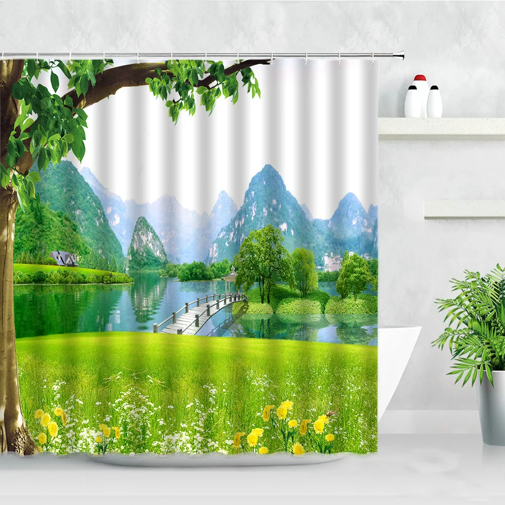 

Spring Natural Scenery Shower Curtains Green Trees Meadow Flowers Arch Bridge Mountain Water Landscape Modern Decor Curtain Sets