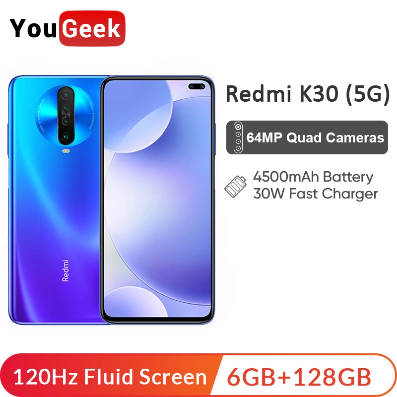 Xiaomi Redmi K30 5G 6 ГБ 128 Гб Смартфон Snapdragon 76 Octa Core 64 мегапиксельная четырехъядерная