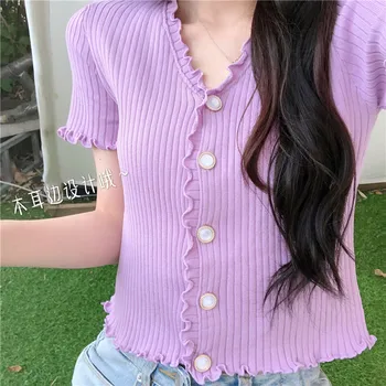 Women V-Neck Knitted Short Sleeve Thin Buttons Slim Ruched Sweaters Cardigans Lady Single-breasted Sweater Crop Tops for Female
Women V-Neck Knitted Short Sleeve Thin Buttons Slim Ruched Sweaters Cardigans Lady Single-breasted Sweater Crop Tops for Female