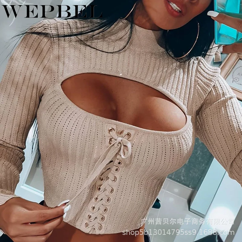 

WEPBEL Women Sexy Bandage Knitted Sweater Crop Top Pullover Casual Ladies Elegant Long Sleeve Turtleneck Slim Fit Knitwear