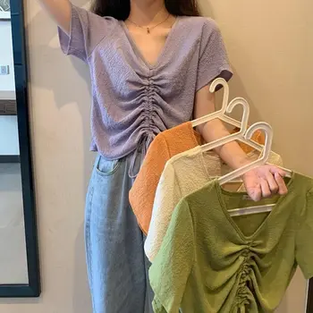 Women Drawstring Short-sleeved Base Shirt Collarbone Top T-shirt Fashionable Loose V-neck Design Sense
Women Drawstring Short-sleeved Base Shirt Collarbone Top T-shirt Fashionable Loose V-neck Design Sense