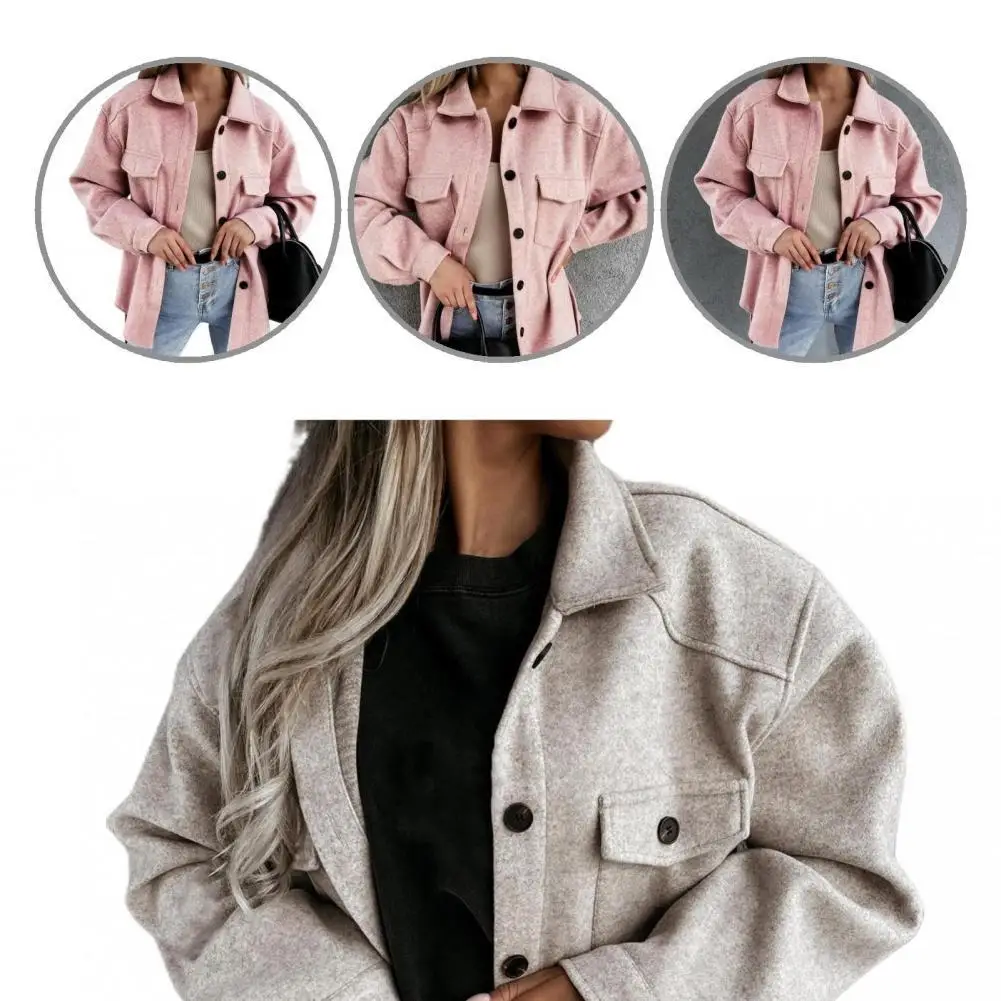 

Women Pockets Shirt Tops Soft Stylish Single-breasted Winter Jacket Turn-down Collar Women Fashion Jacket Buttons Cardigan Coat