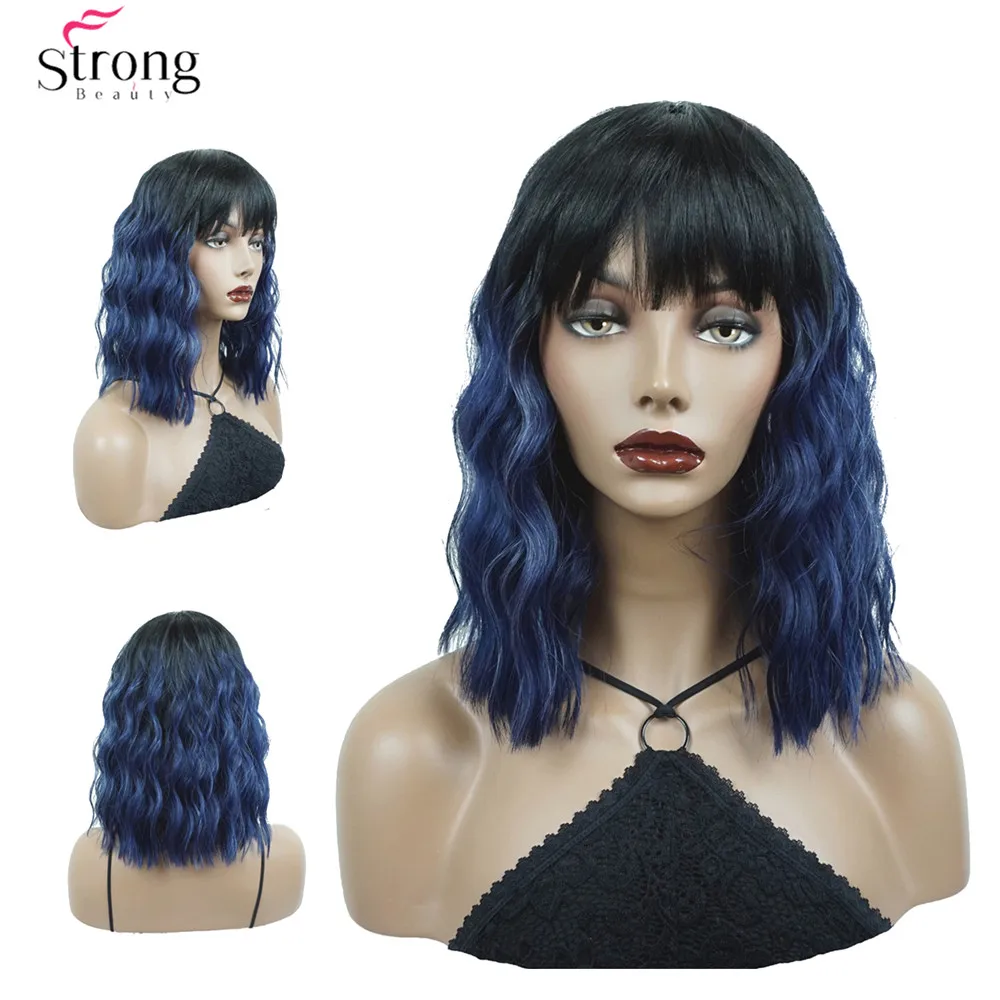 

StrongBeauty Women's Medium length Curly Blue Wig Ombre Natura Neat Bang Style Synthetic Wigs Hair