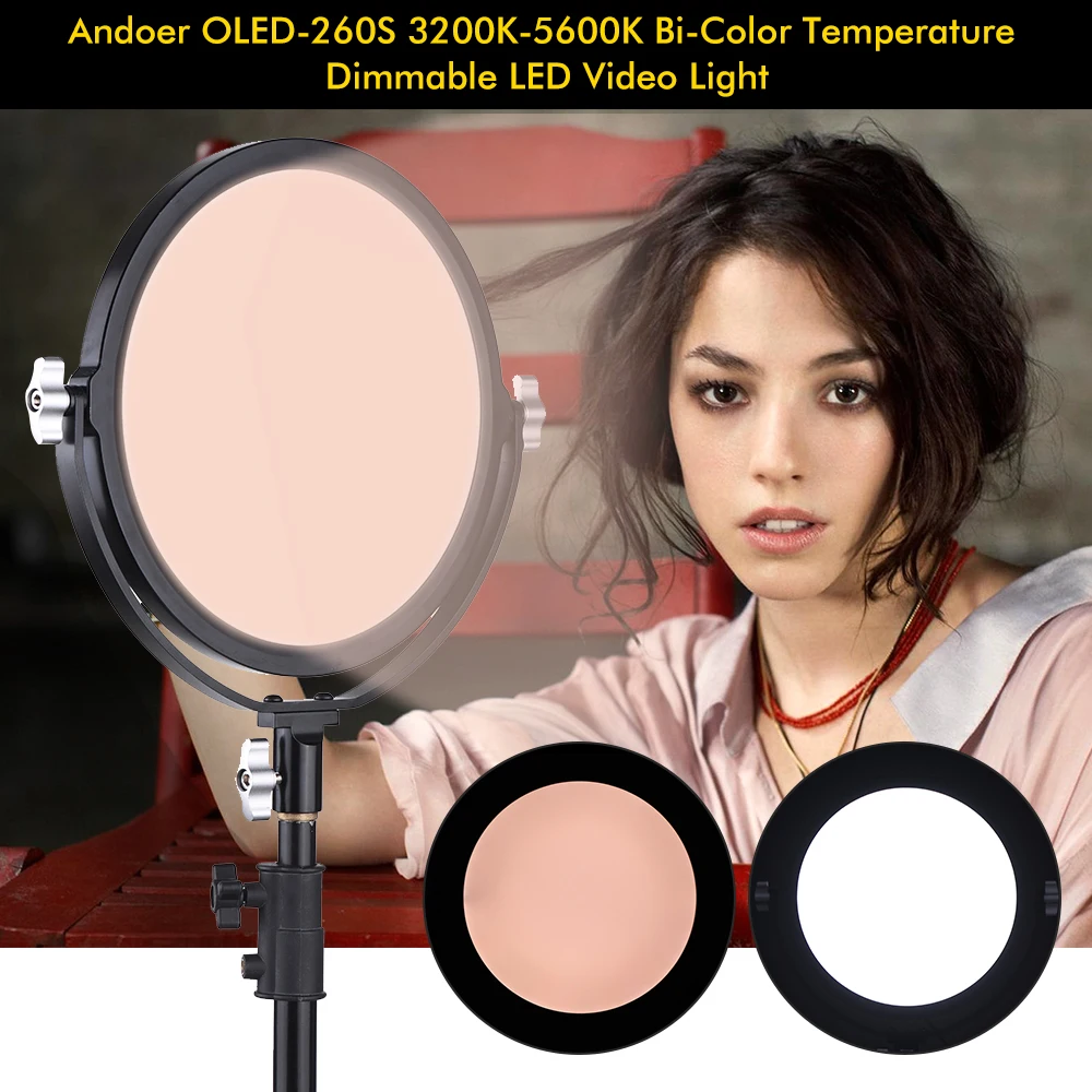 

Andoer OLED-260S 3200K-5600K Photographic Lighting Bi-Color Temperature LED Video Light CRI 95+ 30W Output Adjustable Brightness