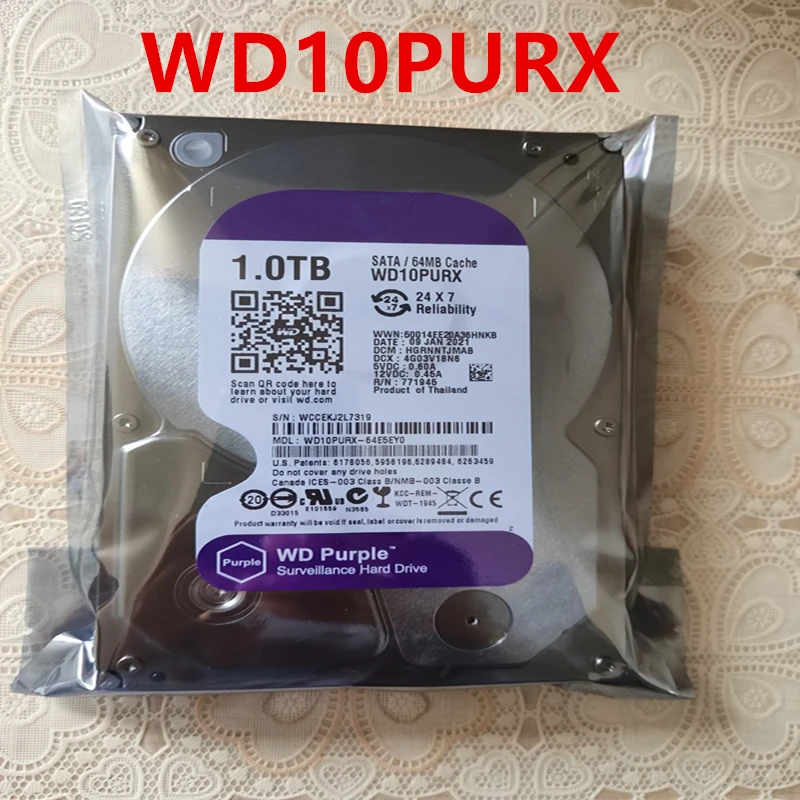 

New Original HDD For WD Brand Purple 1TB 3.5" SATA 6 Gb/s 64MB 5400RPM For Internal Hard Disk For Surveillance HDD For WD10PURX