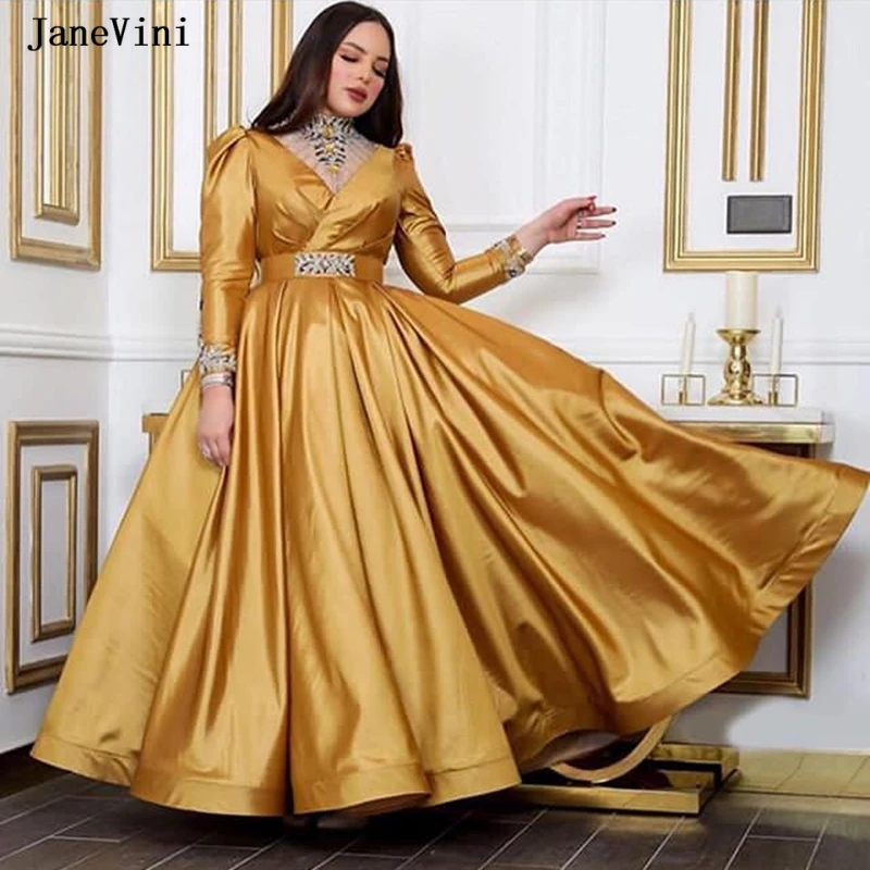 JaneVini Luxury Gold Satin Evening Dresses Puffy Skirt High Neck 2020 Arabic Dubai Rhinestone A Line Plus Size Long Sleeve Gown
JaneVini Luxury Gold Satin Evening Dresses Puffy Skirt High Neck 2020 Arabic Dubai Rhinestone A Line Plus Size Long Sleeve Gown