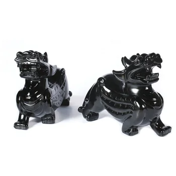 

GUIBOBO Obsidian Stone Kylin Animal Living Room Decoration Ornament (10cm) Kirin China Mascot Lion For Luck Fortune Power