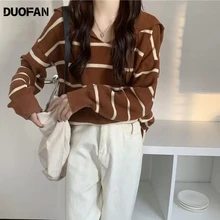 DUOFAN Spring Pullover Ladies Sweaters Lapel Collar Striped Long-sleeved Sweater Korean Style Temperament Blouse Women
DUOFAN Spring Pullover Ladies Sweaters Lapel Collar Striped Long-sleeved Sweater Korean Style Temperament Blouse Women