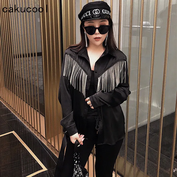 Cakucool Новый блестками блузка с бахромой женская обувь черного цвета длинными