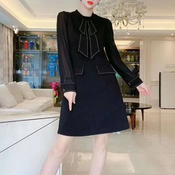 Autumn New Style Bowknot Long-Sleeved Pocket Stitching Chiffon Temperament Elegant Black Mini Dress Women High Quality
Autumn New Style Bowknot Long-Sleeved Pocket Stitching Chiffon Temperament Elegant Black Mini Dress Women High Quality