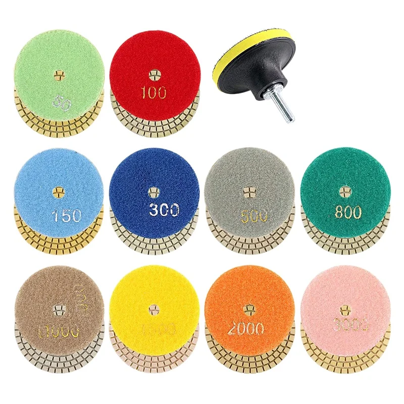 11Pcs 3inch Wet Diamond Polishing Pads Set 50 to 3000 Grit Hook and Loop Backing Sanding for Granite Concrete Marble
11Pcs 3inch Wet Diamond Polishing Pads Set 50 to 3000 Grit Hook and Loop Backing Sanding for Granite Concrete Marble