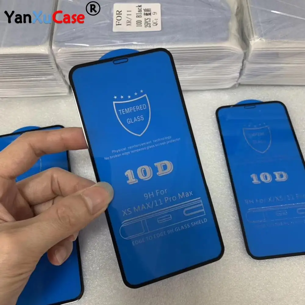 Стеклянная пленка 10D для iPhone 12 Mini 11 Pro Max XS XR X 8 7 6 S Plus 100 шт./лот полное покрытие