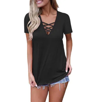 2020 ladies summer V-neck hollow solid color slim short-sleeved T-shirt
2020 ladies summer V-neck hollow solid color slim short-sleeved T-shirt