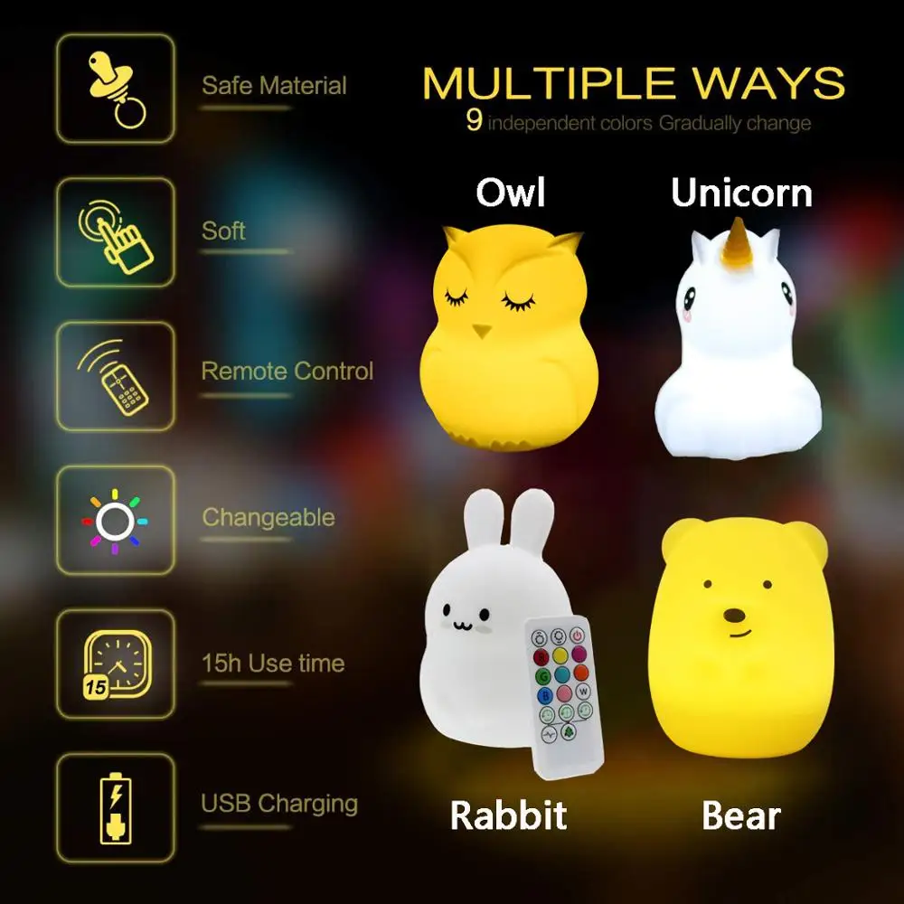 Children Night Light LED Cute Silicone Anlimal Lamp 6 Colors Lighting Modes USB Rechargeable Remote Control Kids Baby Home Decor
Children Night Light LED Cute Silicone Anlimal Lamp 6 Colors Lighting Modes USB Rechargeable Remote Control Kids Baby Home Decor