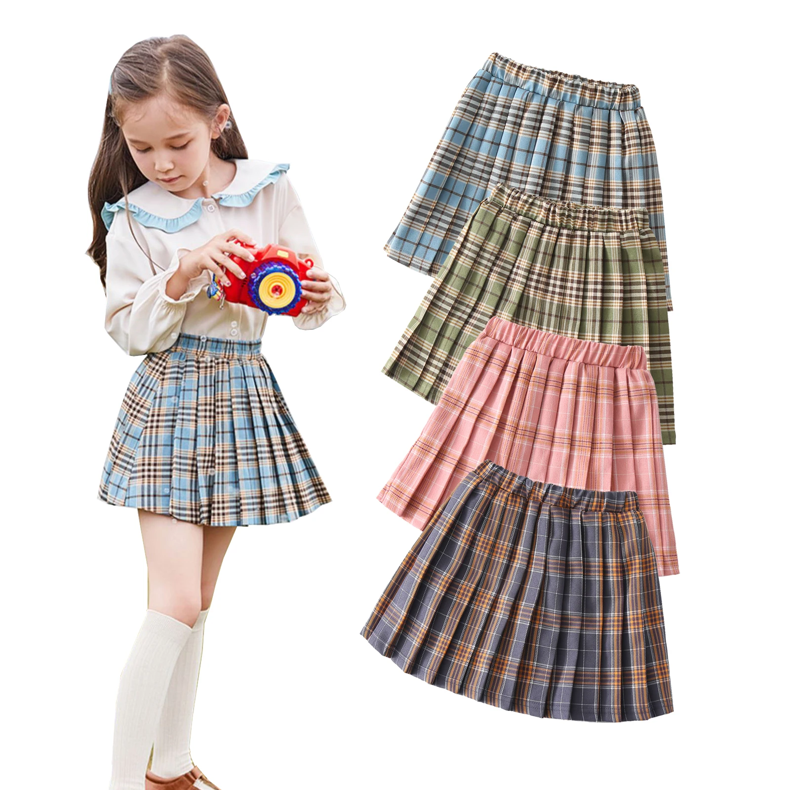 Фото 2020 New Fashion Kids Baby Girls Plaid Skirt Summer Fall Print Pleated Versatile Stretchy Waist Flared Mini Skater | Мать и ребенок