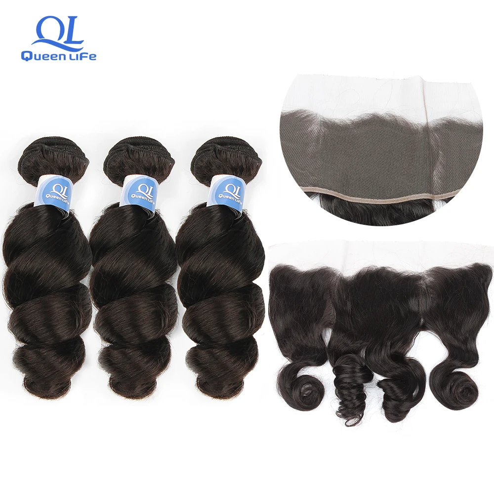 

Queenlife Brazilian Human Hair Weave Loose wave bundles with frontal Remy 28 inch 3 Bundles Deals with 13x4 lace Frontal