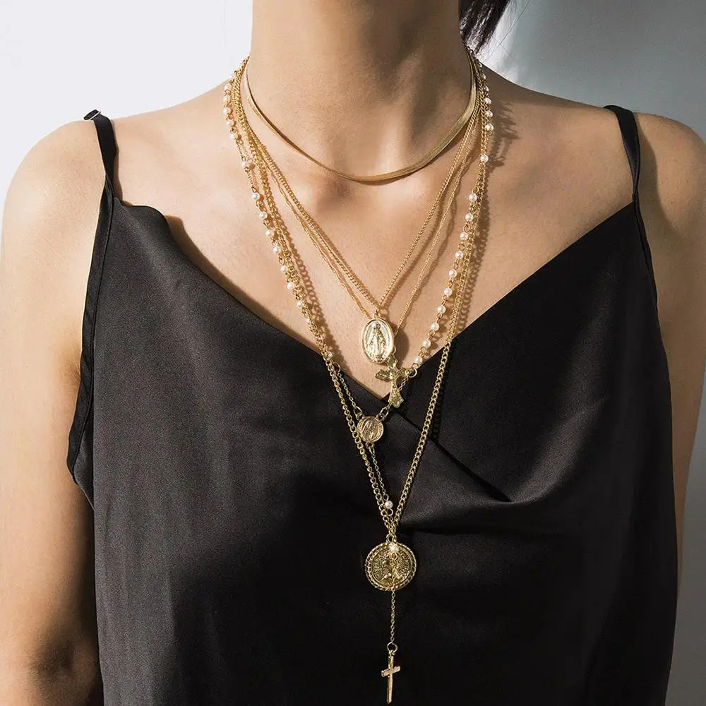 Фото DIEZI винтажное многослойное ожерелье с имитацией жемчуга монета крестом
