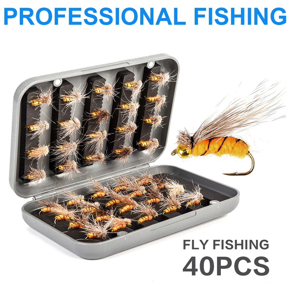 

Slae 40Pcs/lot Fishing Flies Fly Fishing Lure Hooks Tackle Tool Flies Nymphs Ice Fishing Lures Artificial Bait with Boxed D35