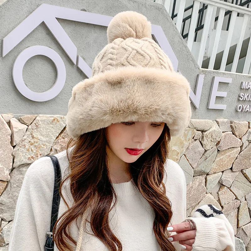Фото Новая осенне-зимняя женская шапка из шерстяной пряжи с большим помпоном теплая