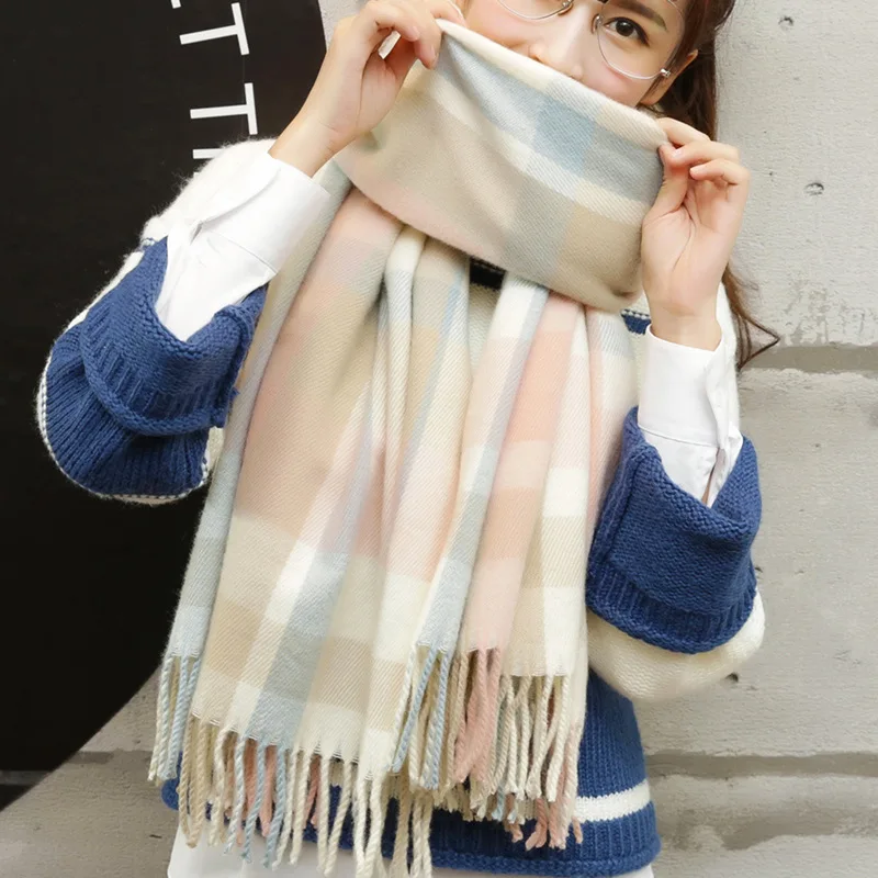 Фото Новый кашемировый шарф Женская шаль утепленный клетчатый для студентов на осень