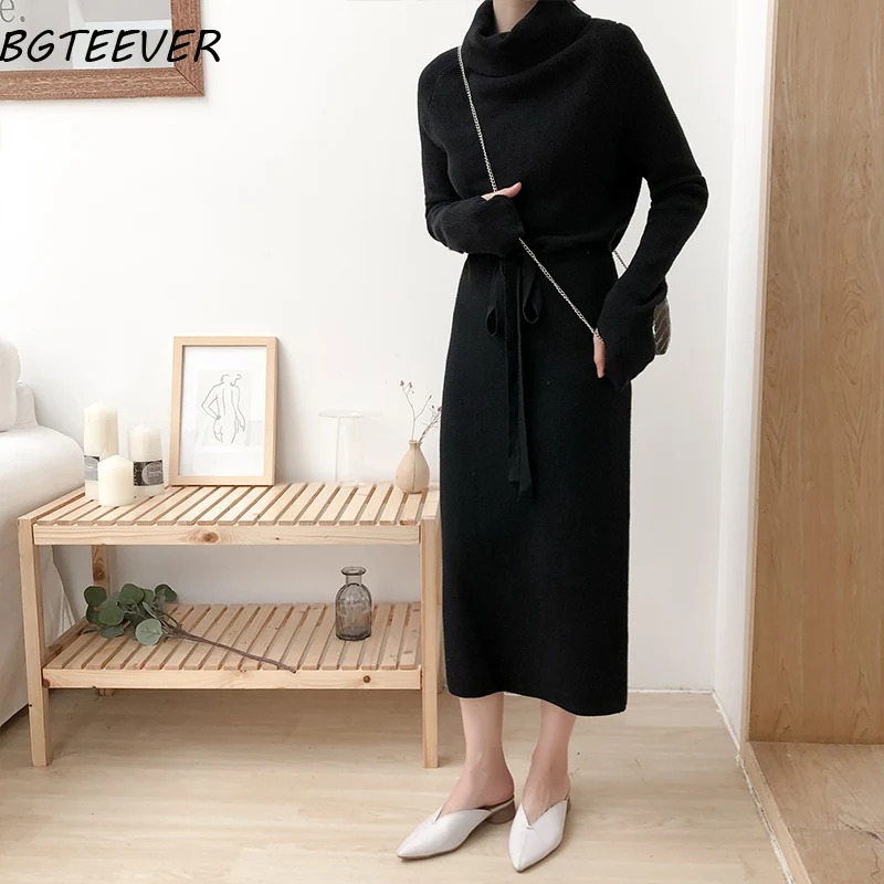 Winter Turtleneck Lace Up Knitted Long Full Sleeve Dress Winter Turtleneck Lace Up Knitted Long Full Sleeve Dress