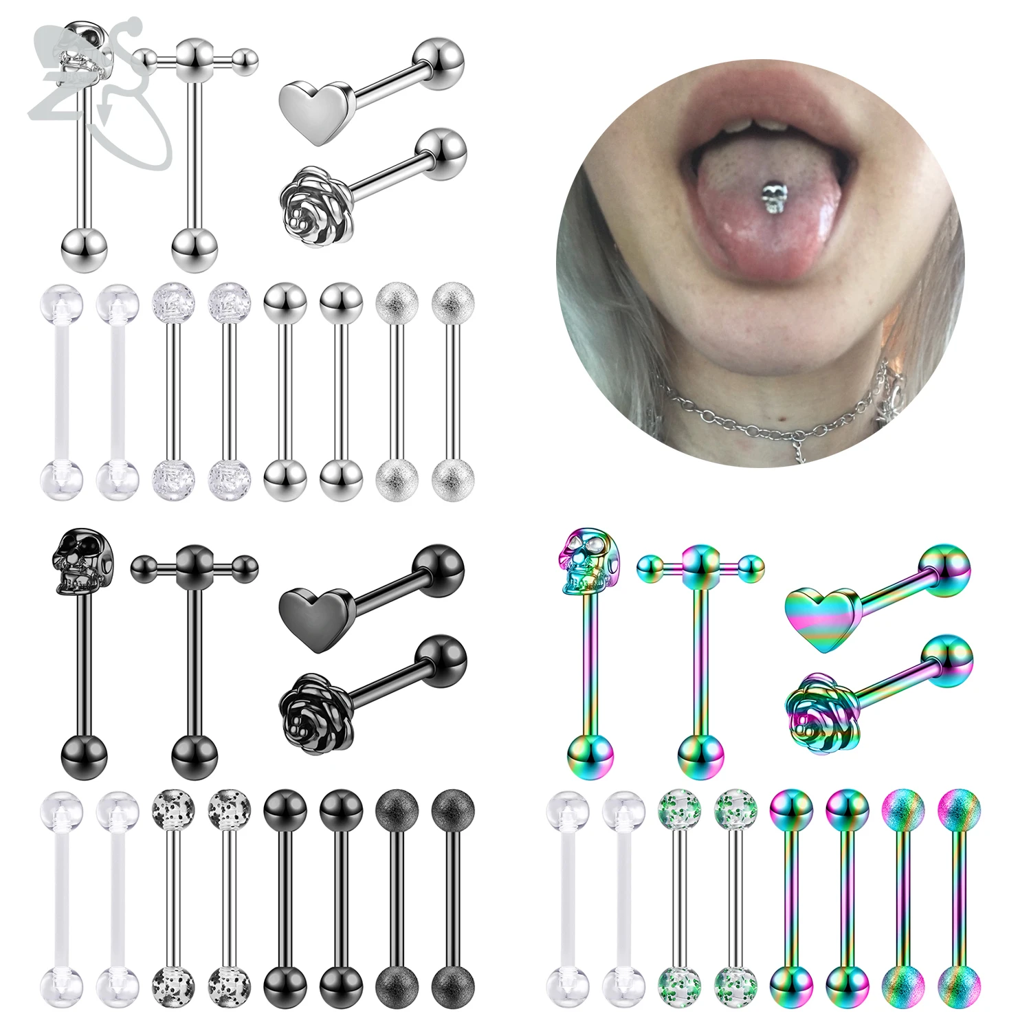 

ZS 12pcs/lot 14g 3 Color Stainless Steel Tongue Ring Set Flower Skull Shape Tongue Piercings Industrial Barbells Nipple Piercing