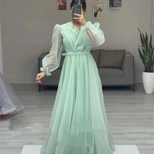 

Simple Strapless Shadow Green Evening Dresses Puffy Fulle Sleeve Fluffy Tulle Dress 2022 Sashes Pleat Robe De Soirée Femme