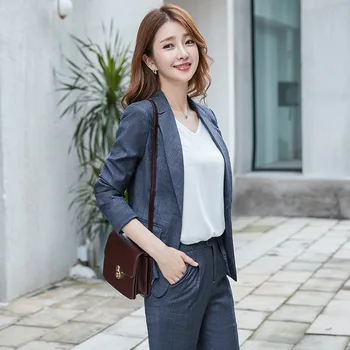 Women's suit 2019 autumn new casual fashion temperament slim slimming plaid single buckle small suit trousers two-piece set 
Women's suit 2019 autumn new casual fashion temperament slim slimming plaid single buckle small suit trousers two-piece set