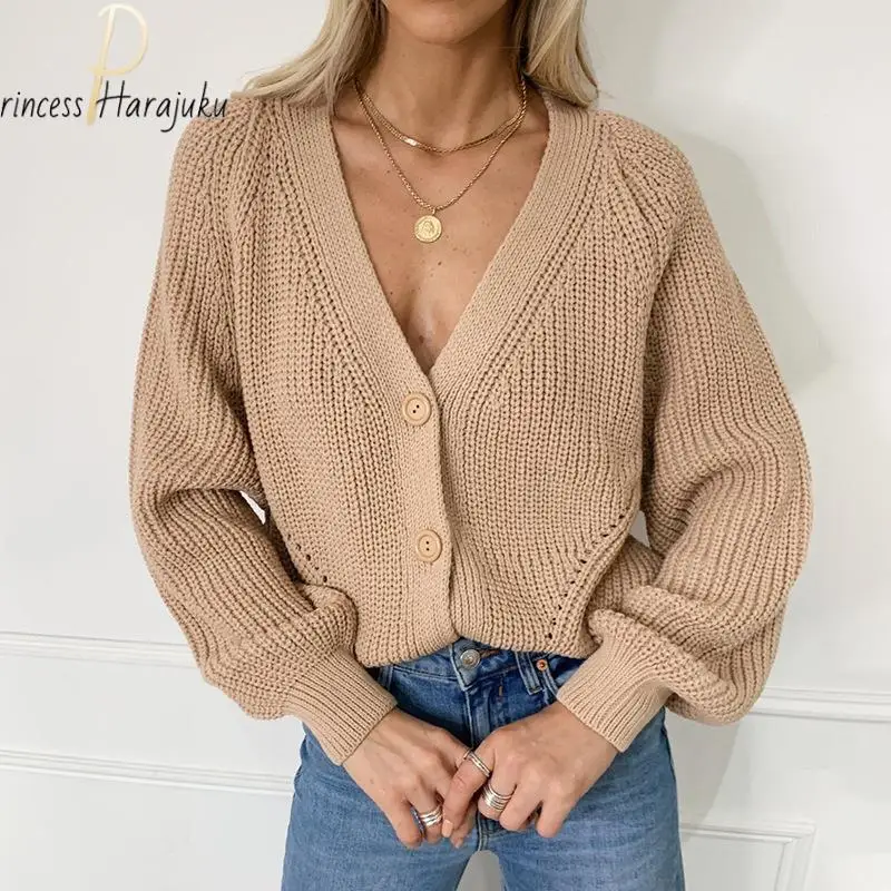 

Knitted Cardigans Women Sweater Fashion Autumn Long Sleeve Loose Coat Casual Button Thick V Neck Khaki Female Tops New 2021