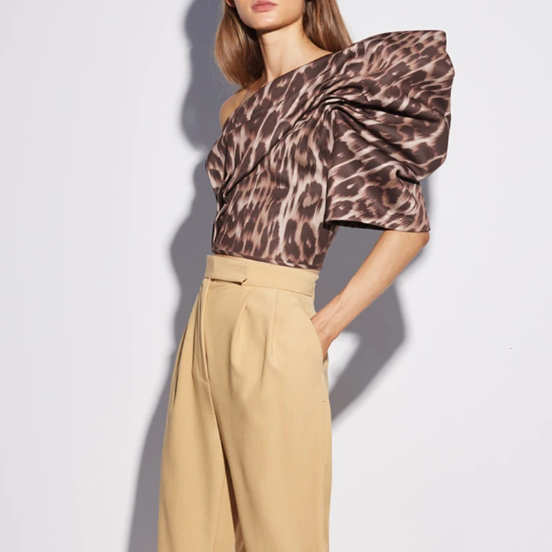 CHICEVER Vintage Leopard Blouses For Female Skew Collar Puff Sleeve Tunic Ruched Irregular Womens Shirts Fashion 2020 Clothes (3).jpg