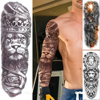 

Black Flower Lion Temporary Sleeve Tattoos For Men Women Alult Maori Tribal Black Tattoos Sticker Fake Warrior Tatoos Full Arm