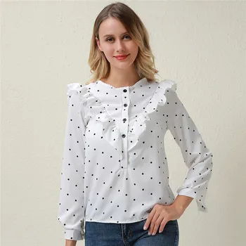 Women's Blouse O-neck Long-sleeved Top Fashion Dot Button Women Casual Casual Trendy Elegant Office Blouse 
Women's Blouse O-neck Long-sleeved Top Fashion Dot Button Women Casual Casual Trendy Elegant Office Blouse