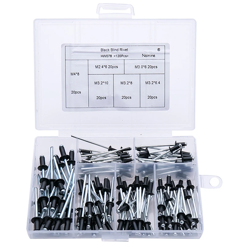 120Pcs/Set M2.4 M3.0 M3.2 M4 Black Aluminium Blind Rivets Nail Decoration Rivets For Furniture Assortment Kit Hw078
120Pcs/Set M2.4 M3.0 M3.2 M4 Black Aluminium Blind Rivets Nail Decoration Rivets For Furniture Assortment Kit Hw078