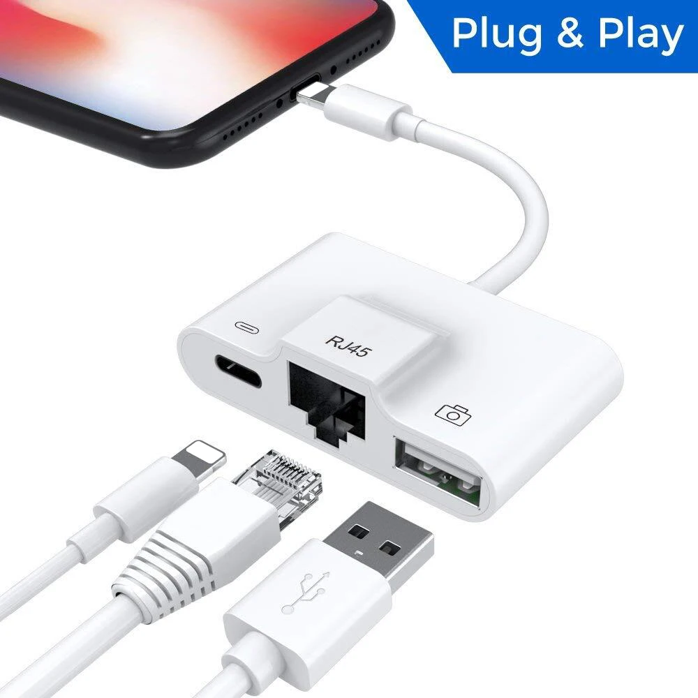 Adapter for Lightning to RJ45 Ethernet LAN Wired Network with charge and USB 3 camera reader port for iPhone/iPad OTG Adapter
Adapter for Lightning to RJ45 Ethernet LAN Wired Network with charge and USB 3 camera reader port for iPhone/iPad OTG Adapter