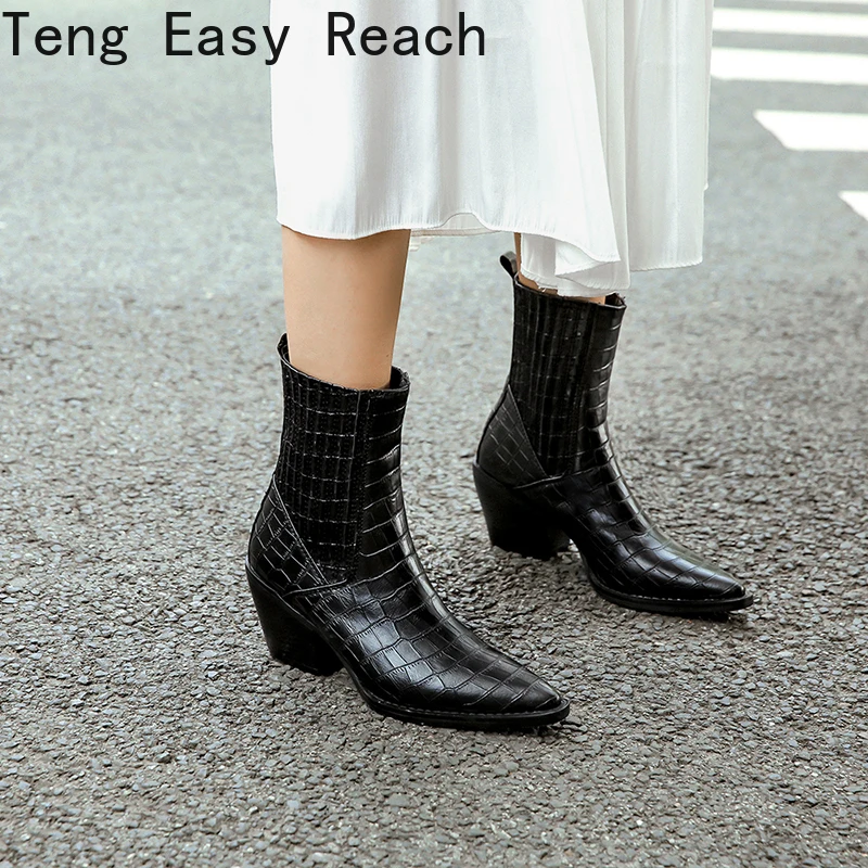 

Fashion Embossed Microfiber Leather Women Ankle Boots Pointed Toe Western Cowboy Boots Women Mid-calf Brand Chunky Wedges Botas