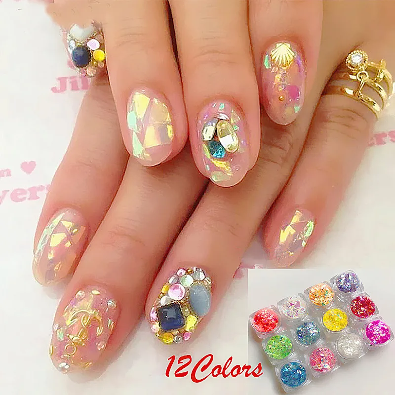 12pcs/set Irregular Manicure 3D Acrylic Cameo Crushed Sea Shell Glitter Powder Nail Art Ice Mylar Foil Paper 12 Mix Colors 
12pcs/set Irregular Manicure 3D Acrylic Cameo Crushed Sea Shell Glitter Powder Nail Art Ice Mylar Foil Paper 12 Mix Colors