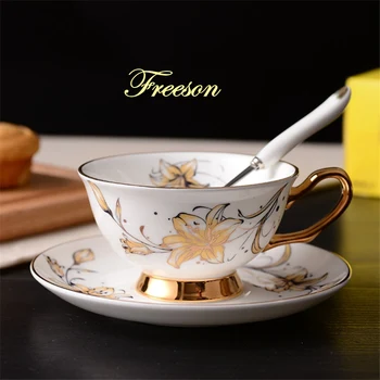 Gold Lily Bone China Tea Cup Saucer Spoon Set 200ml British Ceramic Coffee Cup Teatime Advanced Porcelain Teacup Drop Shipping
Gold Lily Bone China Tea Cup Saucer Spoon Set 200ml British Ceramic Coffee Cup Teatime Advanced Porcelain Teacup Drop Shipping