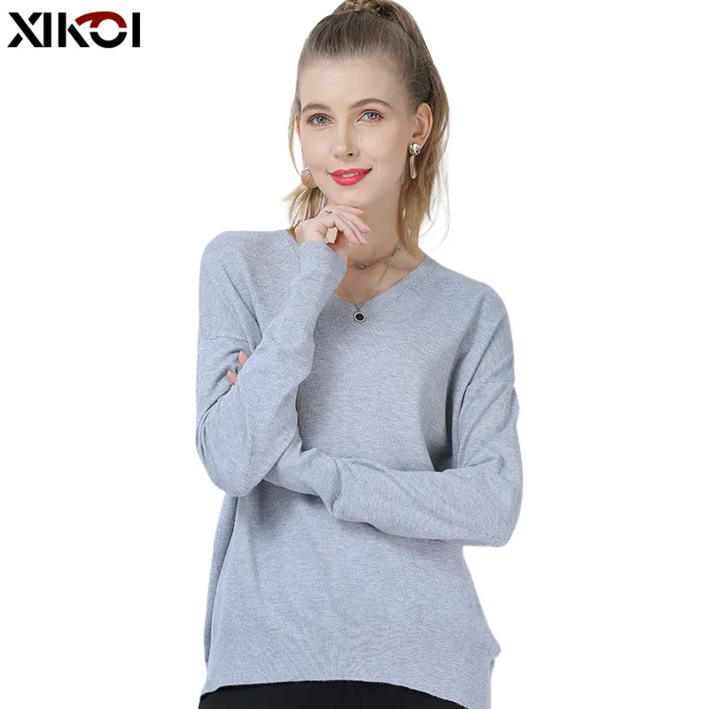 XIKOI Spring Autumn Causal Grey Sweaters For Women Fashion Sexy v-neck Pullover Loose Sleeve Plus Size Knitted tops Pull Femme 
XIKOI Spring Autumn Causal Grey Sweaters For Women Fashion Sexy v-neck Pullover Loose Sleeve Plus Size Knitted tops Pull Femme