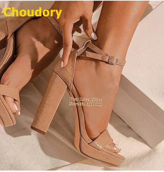 

Choudory Nude White Croc-embossed Chunky Heel Sandals Platform Snakeskin Dress Shoes Buckle Strap Gladiator Pumps Size47