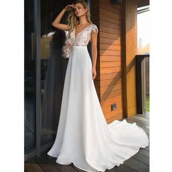 Elegant Satin V-neck A-line Wedding Dresses 2020 Boho Bridal Gowns Backless Vestido de noiva Plus size Wedding Dress 
Elegant Satin V-neck A-line Wedding Dresses 2020 Boho Bridal Gowns Backless Vestido de noiva Plus size Wedding Dress