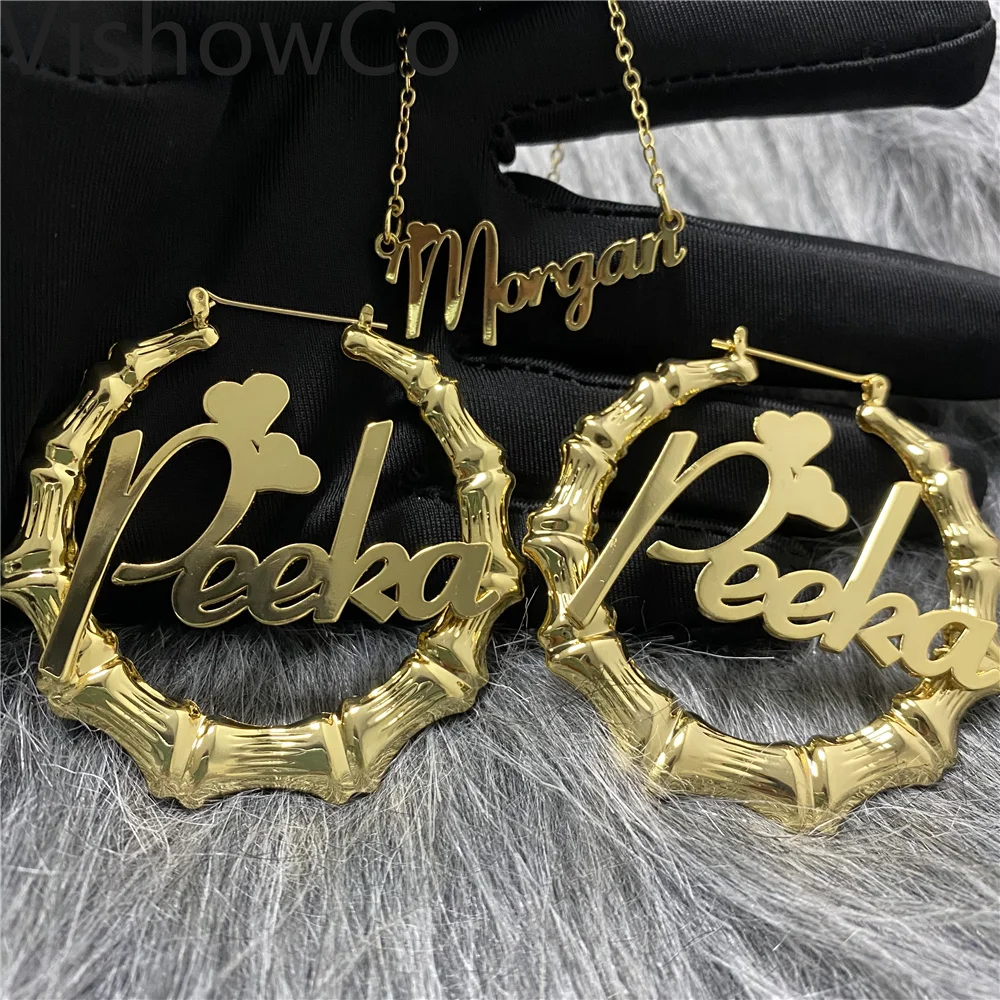 Customized Name Necklace for Women Bamboo Hoop Earrings Set Personalized Girl Hip Hop Earrings With Heart Gift for Mom Wholesale
Customized Name Necklace for Women Bamboo Hoop Earrings Set Personalized Girl Hip Hop Earrings With Heart Gift for Mom Wholesale