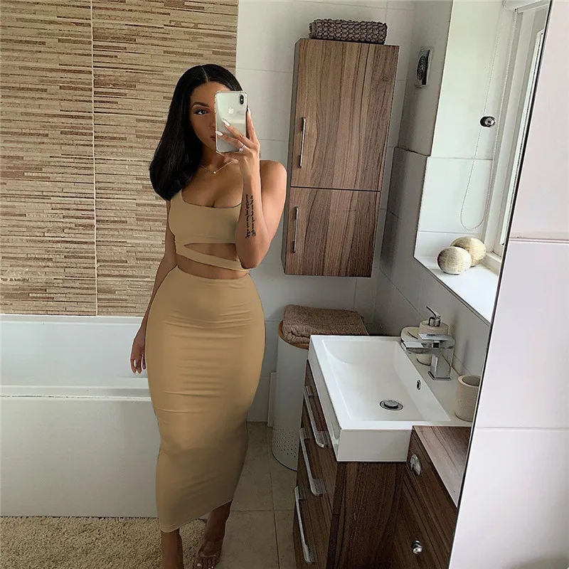 FSDA Two Piece Set Summer Spaghetti Strap Crop Top Party And Midi Bodycon Skirt Club Outfit Black White Women Set Sey