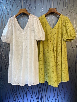 2020 Spring and Summer New Women's Deep V-neck Embroidered Hollow Decorative Bubble Short Sleeve Solid Color Dress 531
2020 Spring and Summer New Women's Deep V-neck Embroidered Hollow Decorative Bubble Short Sleeve Solid Color Dress 531