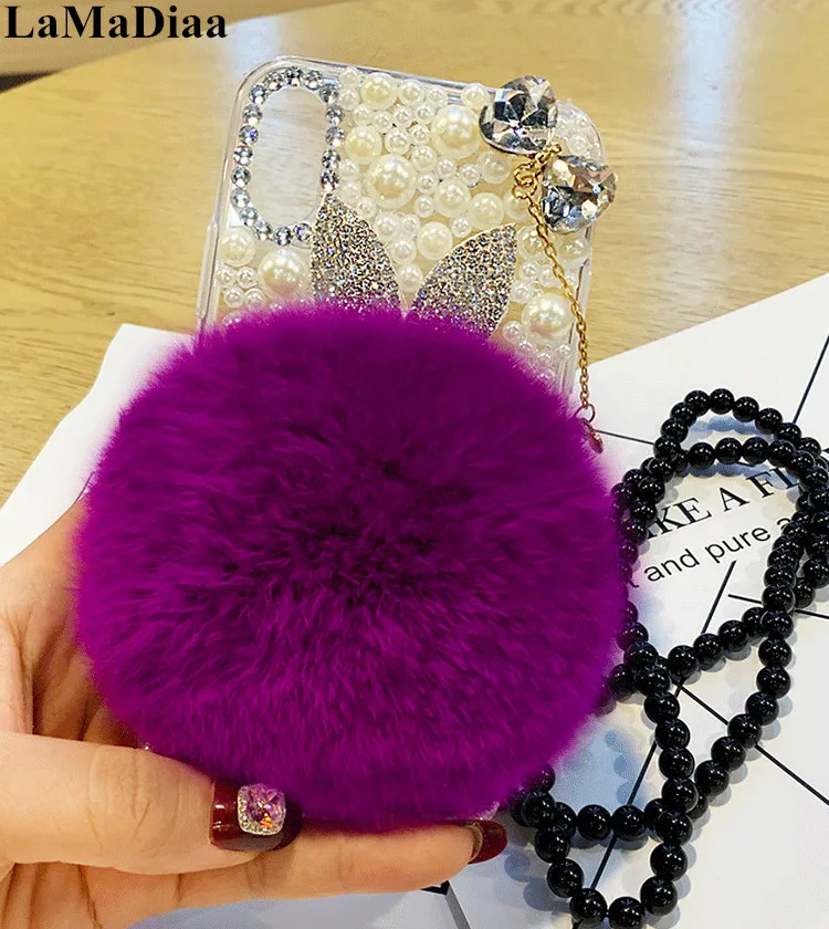 Luxury Bling Diamond Rabbit Plush Fur Pearl Bowknot Pendant Back Cover Case For Samsung j3 j5 j7 2017 Prime j4 j6 j8 2018 | Мобильные