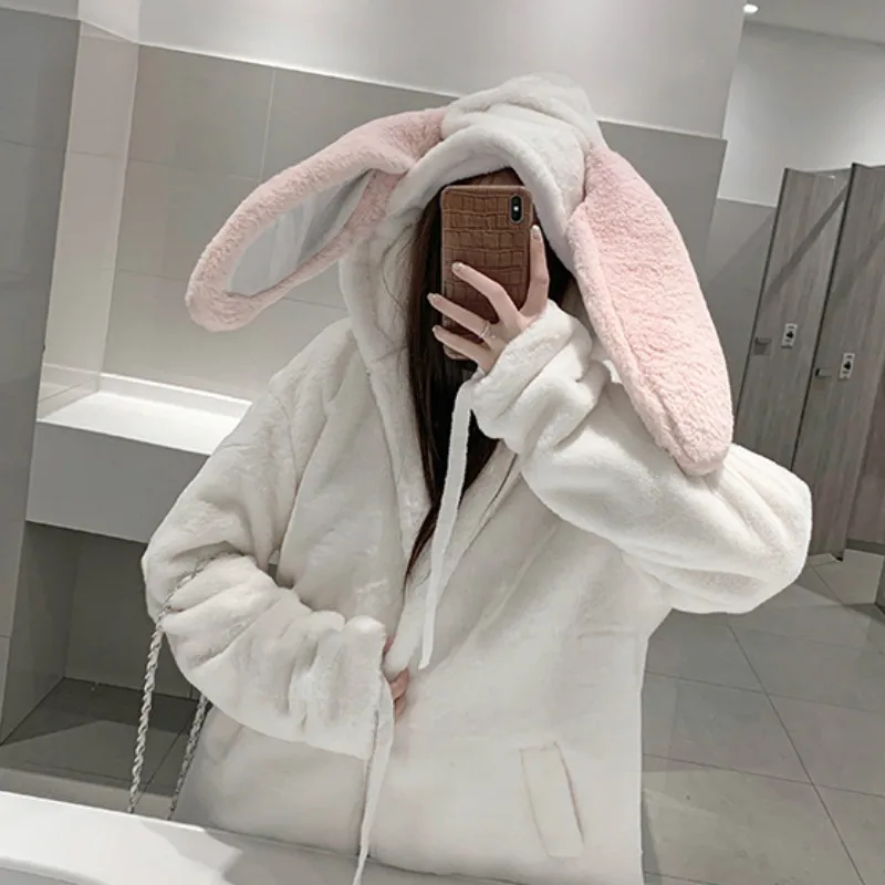 Plush Jacket Woman Winter Long Rabbit Ears Thickened Parka Hairy Soft Girls Imitation Fur Quilted Velvet Bomber Coat Cardigan | Женская